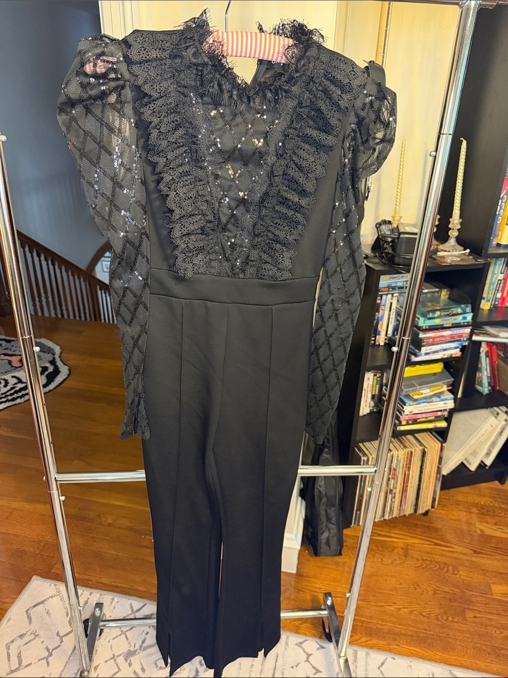 chic Black Lace-Trim Sheer-Sleeve Jumpsuit